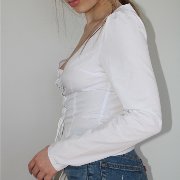 White Woven Lace Up Front Long Sleeve Blouse - Picture 2 of 4